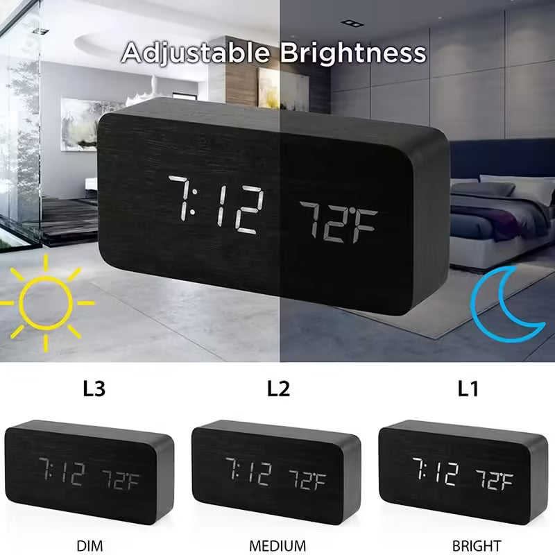 Réveil numérique en bois avec affichage LED – Horloge de bureau avec température pour le bureau et la table de chevet