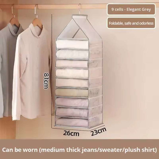 9-Compartment Hanging Closet Organizer – Vertical Wardrobe Storage Bag for Pants, T-Shirts, and Socks – Space-Saving Cabinet Drawer Organizer – Heavy-Duty Fabric Hanging Divider for Underwear and Leggings