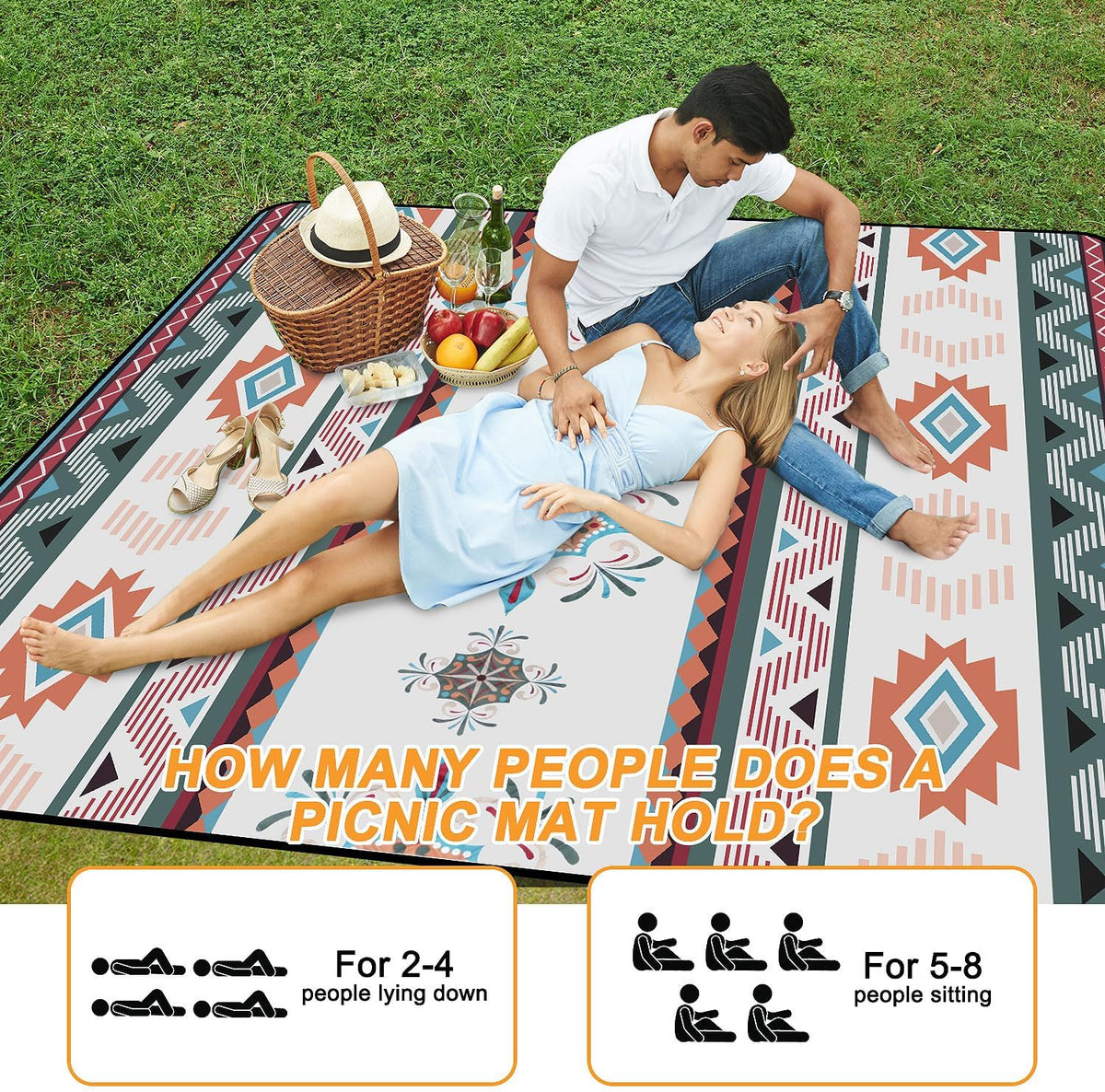 بطانية نزهة كبيرة جداً مقاومة للماء 200×200 سم – بساط شاطئ قابل للطي للاستخدام في الهواء الطلق مع مقبض حمل مدمج – مقاومة للرمل والرطوبة للتخييم العائلي