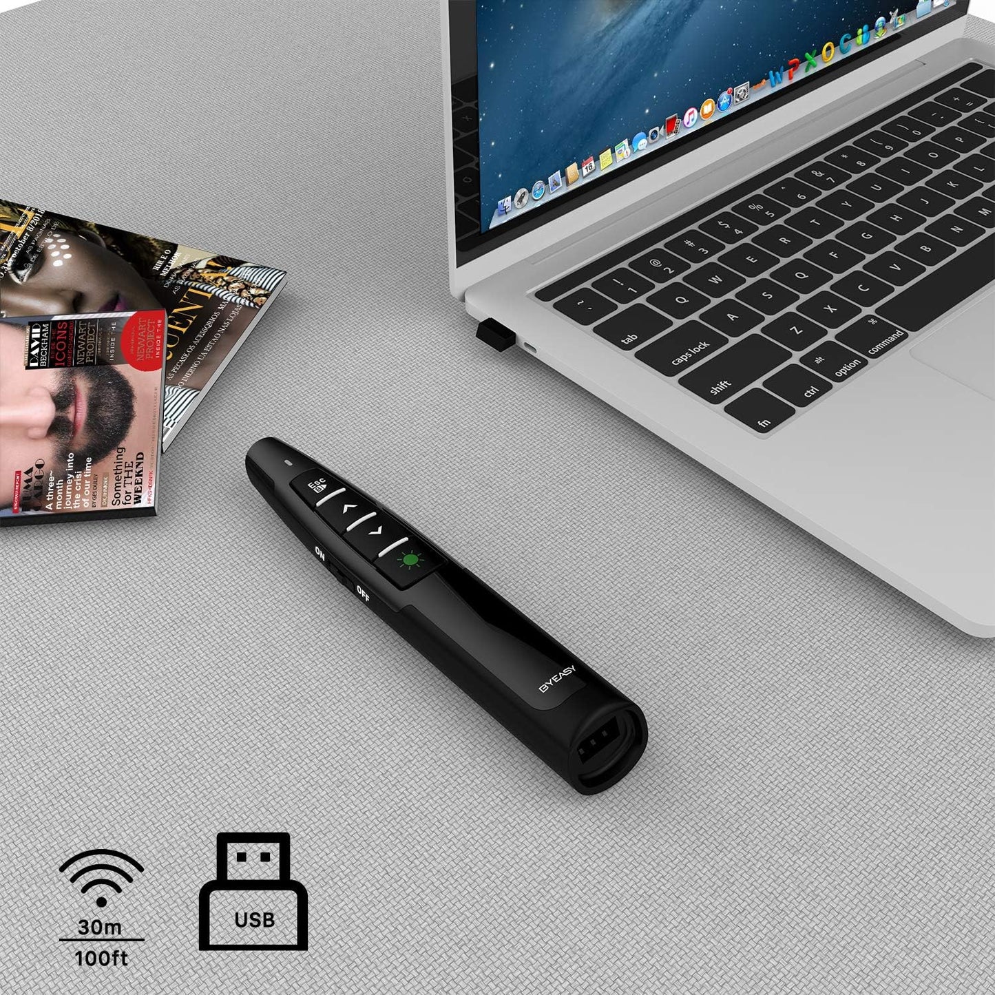 BYEASY Wireless Presentation Clicker with Green Laser Pointer | USB Plug & Play PowerPoint Remote for Google Slides, Keynote & Prezi | 30m Range