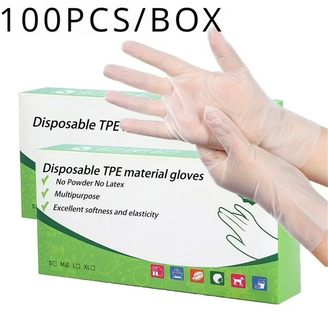 100 قطعة من قفازات TPE للاستعمال مرة واحدة – شفافة خالية من البودرة واللاتكس – قفازات بلاستيكية حرارية مرنة صالحة للطعام للمطبخ والتنظيف والتجميل