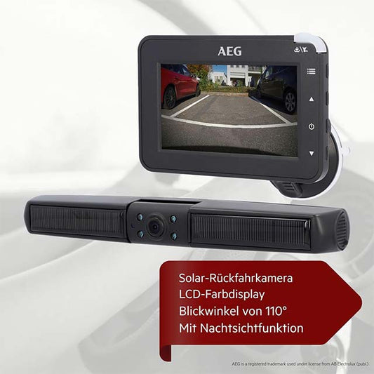 AEG Solar Powered Wireless Digital Reversing Camera with Parking Aid, Radio Transmitter, LCD Dual Display, Waterproof, Night Vision