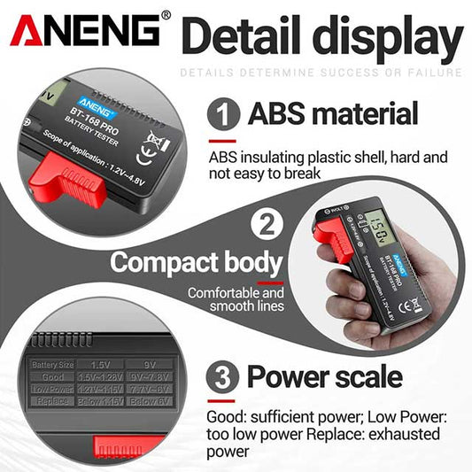 ANENG BT-168 PRO Digital Battery Tester – Universal LCD Power Level Checker for AA, AAA, 9V, 16340 & More
