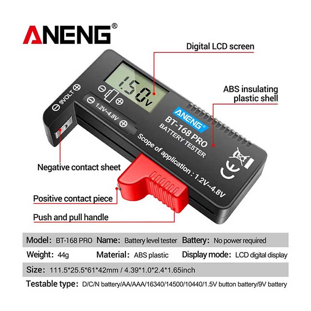 ANENG BT-168 PRO Digital Battery Tester – Universal LCD Power Level Checker for AA, AAA, 9V, 16340 & More