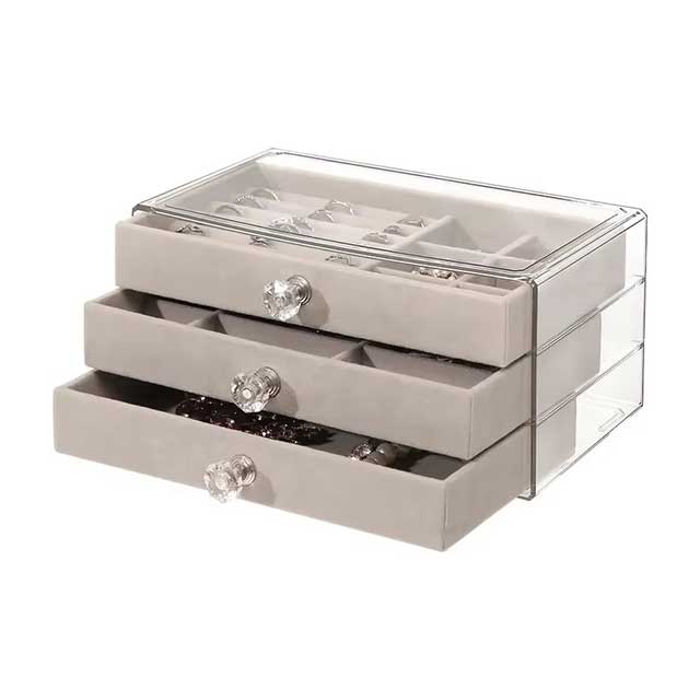 Acrylic & Velvet Jewelry Organizer with 3 Drawers – Stackable Display Storage Box for Earrings, Necklaces & Bracelets | Holder Case for Women