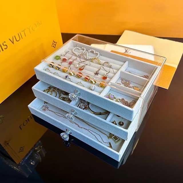 Acrylic & Velvet Jewelry Organizer with 3 Drawers – Stackable Display Storage Box for Earrings, Necklaces & Bracelets | Holder Case for Women