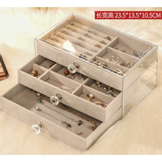 Acrylic & Velvet Jewelry Organizer with 3 Drawers – Stackable Display Storage Box for Earrings, Necklaces & Bracelets | Holder Case for Women