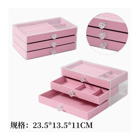 Organisateur de bijoux en acrylique et velours avec 3 tiroirs – Boîte de rangement empilable pour boucles d'oreilles, colliers et bracelets | Étui de rangement pour femmes