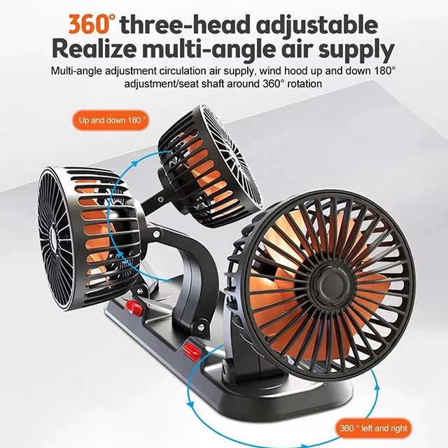 360° Adjustable Dual Head Car Fan – USB/12V/24V Electric Cooling Fan with 2 Speeds | Silent Airflow for Car, Home, Desk & Office