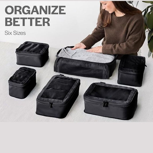 6-Pack Compression Packing Cubes for Suitcases – Double-Zipper Expandable Luggage Organizers – Lightweight & Water-Resistant Nylon Travel Bags – Space-Saving Washable Packing Set (Black)