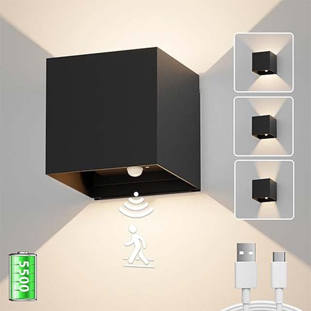 Aipsun Wireless Battery Wall Light with Motion Sensor Black- 5500 mAh Wall Light Up and Down Indoor LED Wall Light- 3000 K Warm White- for Stairs- Foyers- Hallways