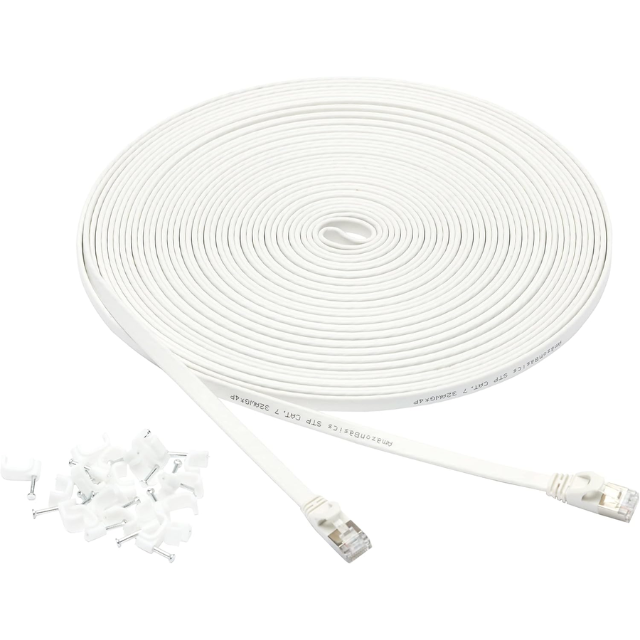 Amazon Basics 50ft Flat CAT7 Ethernet Cable – RJ45 Gigabit Patch Cord for Internet, Network & Printer (White)