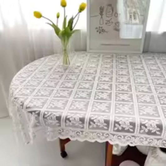140x180cm Antique Embroidered Lace Tablecloth – Square Floral Cutout Dining Cover – Elegant Solid Color Polyester Lace Overlay for Weddings, Tea Parties, and Home Decor