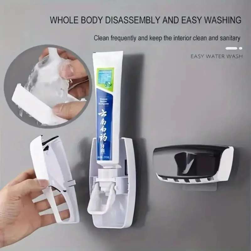 Automatic Toothpaste Dispenser & Toothbrush Holder Set – Hands-Free Squeeze Wall-Mounted Rack – Dustproof Plastic Bathroom Storage Organizer – Complete Oral Care Station (Green / Pink / Orange / Black / Blue)