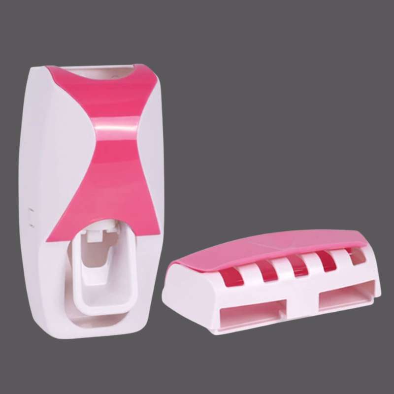 Automatic Toothpaste Dispenser & Toothbrush Holder Set – Hands-Free Squeeze Wall-Mounted Rack – Dustproof Plastic Bathroom Storage Organizer – Complete Oral Care Station (Green / Pink / Orange / Black / Blue)