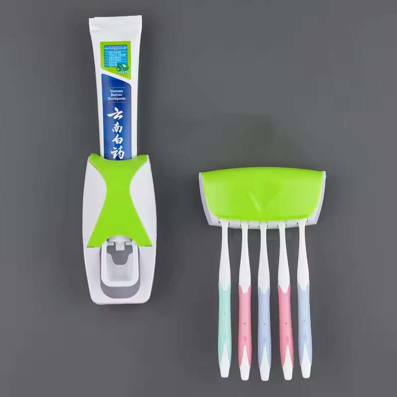 Automatic Toothpaste Dispenser & Toothbrush Holder Set – Hands-Free Squeeze Wall-Mounted Rack – Dustproof Plastic Bathroom Storage Organizer – Complete Oral Care Station (Green / Pink / Orange / Black / Blue)