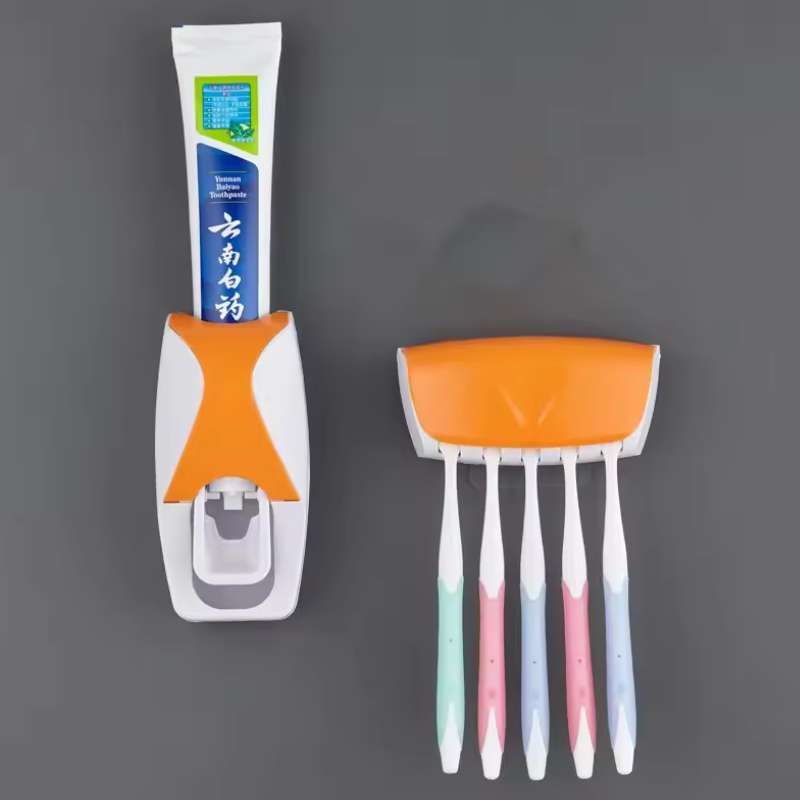 Automatic Toothpaste Dispenser & Toothbrush Holder Set – Hands-Free Squeeze Wall-Mounted Rack – Dustproof Plastic Bathroom Storage Organizer – Complete Oral Care Station (Green / Pink / Orange / Black / Blue)