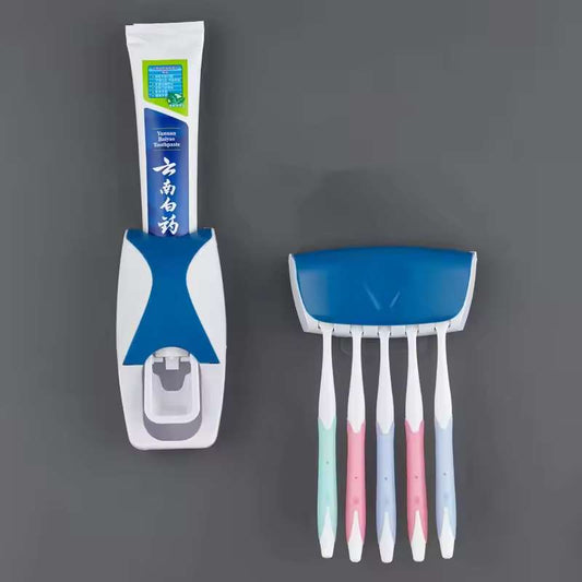 Automatic Toothpaste Dispenser & Toothbrush Holder Set – Hands-Free Squeeze Wall-Mounted Rack – Dustproof Plastic Bathroom Storage Organizer – Complete Oral Care Station (Green / Pink / Orange / Black / Blue)