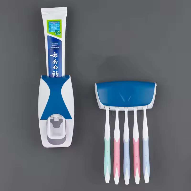 Automatic Toothpaste Dispenser & Toothbrush Holder Set – Hands-Free Squeeze Wall-Mounted Rack – Dustproof Plastic Bathroom Storage Organizer – Complete Oral Care Station (Green / Pink / Orange / Black / Blue)