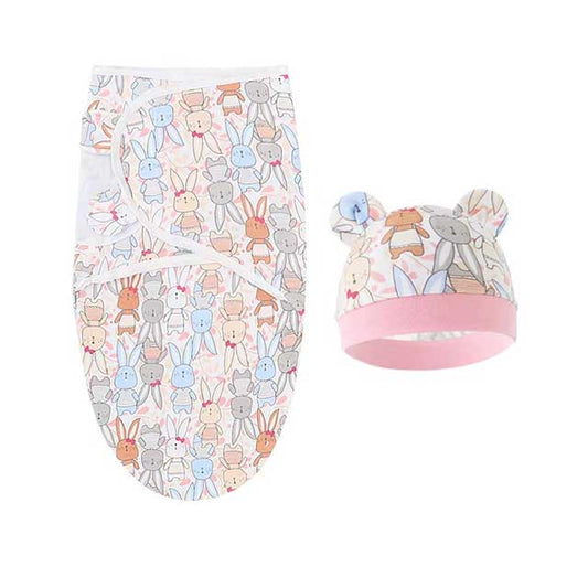 Baby Swaddle Blanket & Hat Set – Cartoon Print Cotton Wrap for Newborns 0–6 Months | Adjustable Infant Blanket for All Seasons