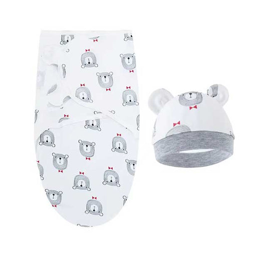 Baby Swaddle Blanket & Hat Set – Cartoon Print Cotton Wrap for Newborns 0–6 Months | Adjustable Infant Blanket for All Seasons