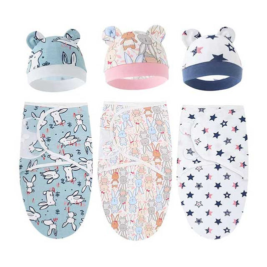Baby Swaddle Blanket & Hat Set – Cartoon Print Cotton Wrap for Newborns 0–6 Months | Adjustable Infant Blanket for All Seasons