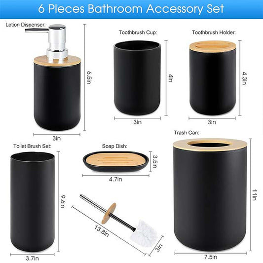 6-Piece Black Bamboo Bathroom Accessories Set – Includes Soap Dispenser, Toothbrush Holder, Rinse Cup, Soap Dish, Waste Bin &amp; Toilet Brush