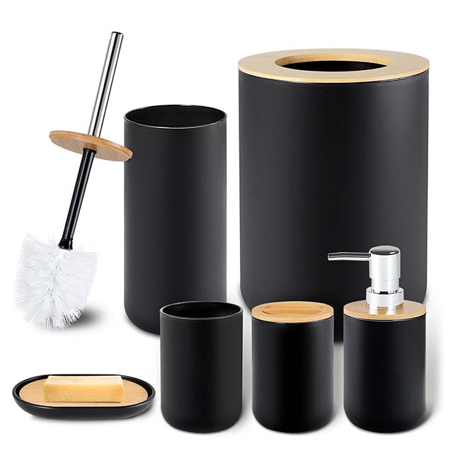 6-Piece Black Bamboo Bathroom Accessories Set – Includes Soap Dispenser, Toothbrush Holder, Rinse Cup, Soap Dish, Waste Bin &amp; Toilet Brush