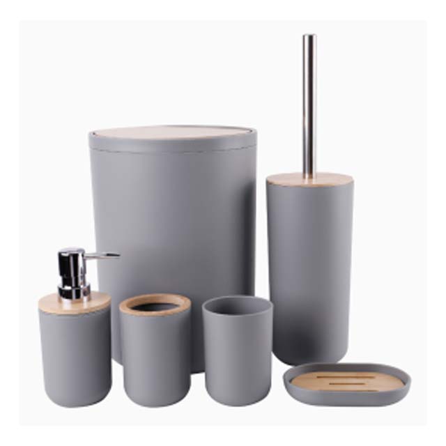 6-Piece Black Bamboo Bathroom Accessories Set – Includes Soap Dispenser, Toothbrush Holder, Rinse Cup, Soap Dish, Waste Bin &amp; Toilet Brush