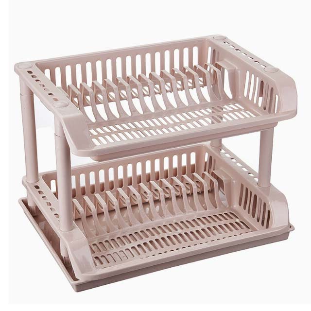 2-Tier Plastic Dish Draining Rack with Tray – Kitchen Drying Storage Organizer