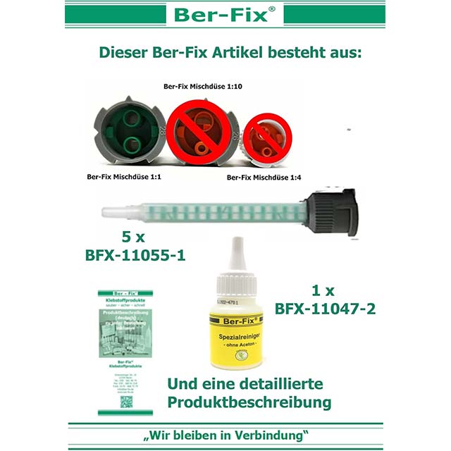 Ber-Fix® 5-Piece Mixer Tips (1:1 Static Blender) – 2-Piece Glue Applicator for 25g/50g Cartridges + Mini Catalog