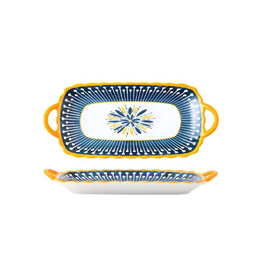 Binaural Japanese Ceramic Serving Plate – Rectangular & Square Long Plates with Color Glaze – Stylish Grilled Fish, Sushi, & Sashimi Platter – Versatile Grilling Dish for Home & Restaurant