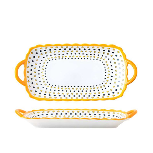 Binaural Japanese Ceramic Serving Plate – Rectangular & Square Long Plates with Color Glaze – Stylish Grilled Fish, Sushi, & Sashimi Platter – Versatile Grilling Dish for Home & Restaurant