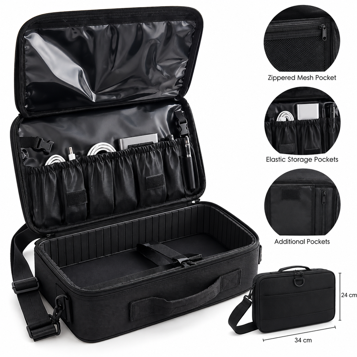 24 x 34 cm Multi-Compartment Carrying Case – Protective Storage Bag with Shoulder Strap for Electronics, Tools & Accessories