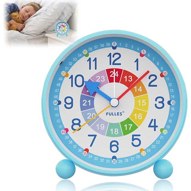Blue Kids Alarm Clock – 4" Analog, Non-Ticking Educational Alarm Clock with Night Light &amp; Colorful Dial for Bedroom