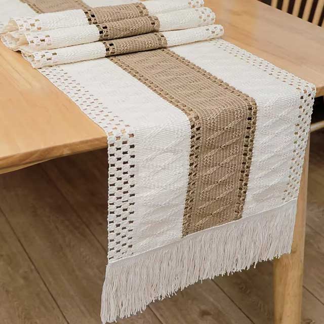 Boho Farmhouse Linen Table Runner – Rustic Macrame with Tassels for Home Decor & Events