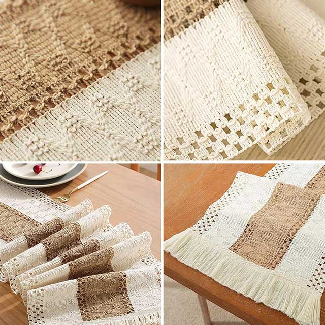 Boho Farmhouse Linen Table Runner – Rustic Macrame with Tassels for Home Decor & Events