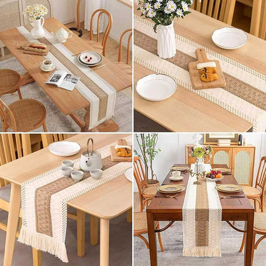 Boho Farmhouse Linen Table Runner – Rustic Macrame with Tassels for Home Decor & Events