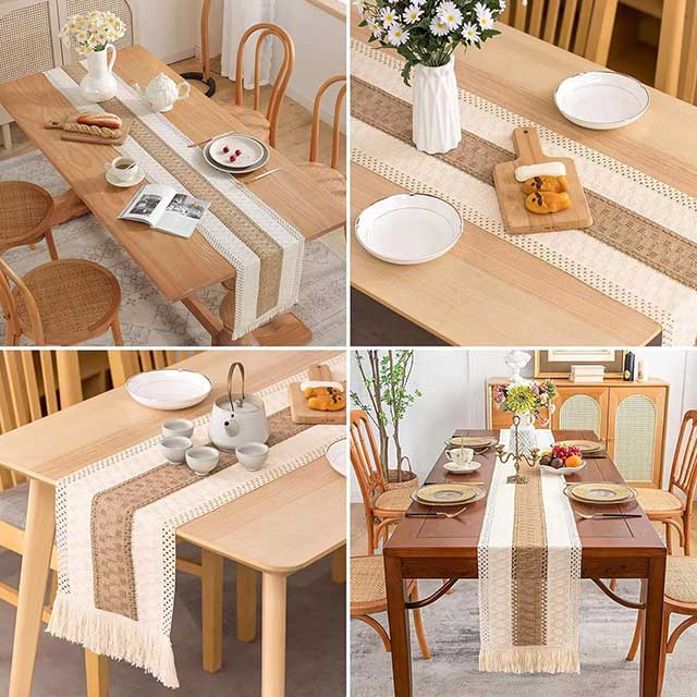 Boho Farmhouse Linen Table Runner – Rustic Macrame with Tassels for Home Decor & Events