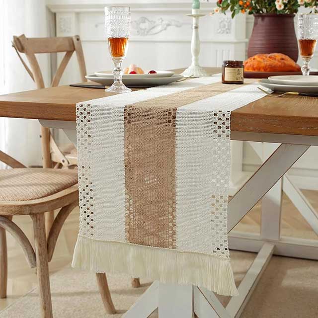 Boho Farmhouse Linen Table Runner – Rustic Macrame with Tassels for Home Decor & Events