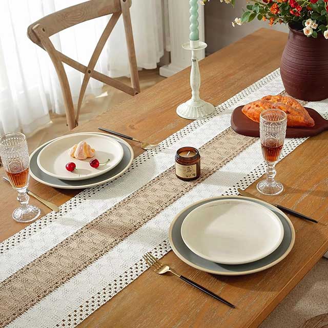 Boho Farmhouse Linen Table Runner – Rustic Macrame with Tassels for Home Decor & Events