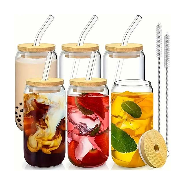 Borosilicate Glass Cup with Bamboo Lid & Straw - Reusable Drinkware for Iced Coffee, Tea, Juice, Beer, Milk + Cleaning Brush (Hand Wash Only)