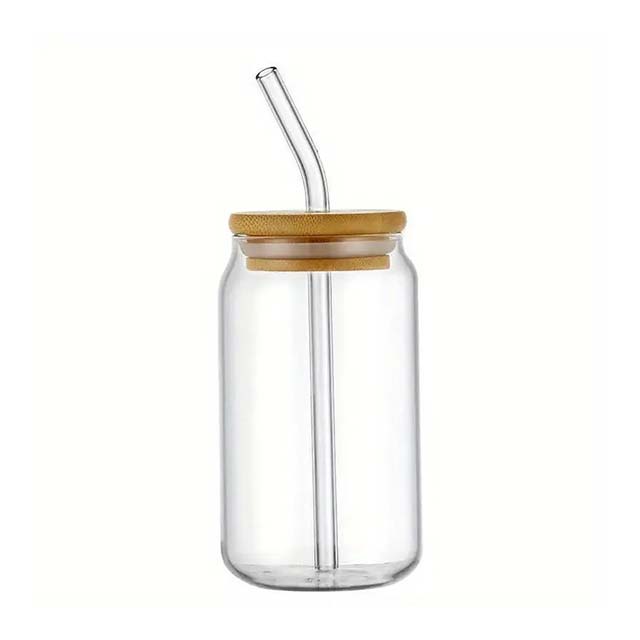 Borosilicate Glass Cup with Bamboo Lid & Straw - Reusable Drinkware for Iced Coffee, Tea, Juice, Beer, Milk + Cleaning Brush (Hand Wash Only)