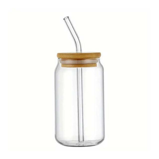 Borosilicate Glass Cup with Bamboo Lid & Straw - Reusable Drinkware for Iced Coffee, Tea, Juice, Beer, Milk + Cleaning Brush (Hand Wash Only)