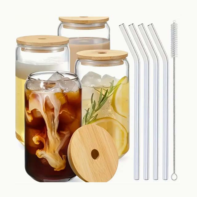 Borosilicate Glass Cup with Bamboo Lid & Straw - Reusable Drinkware for Iced Coffee, Tea, Juice, Beer, Milk + Cleaning Brush (Hand Wash Only)