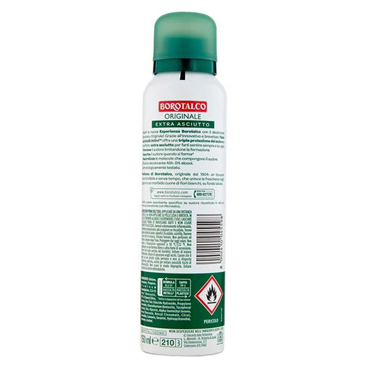 Borotalco Men's Original Dry Spray Deodorant 150ml – Alcohol-Free Formula with Absolute Talcum &amp; 72-Hour Sweat Protection (Borotalkum)