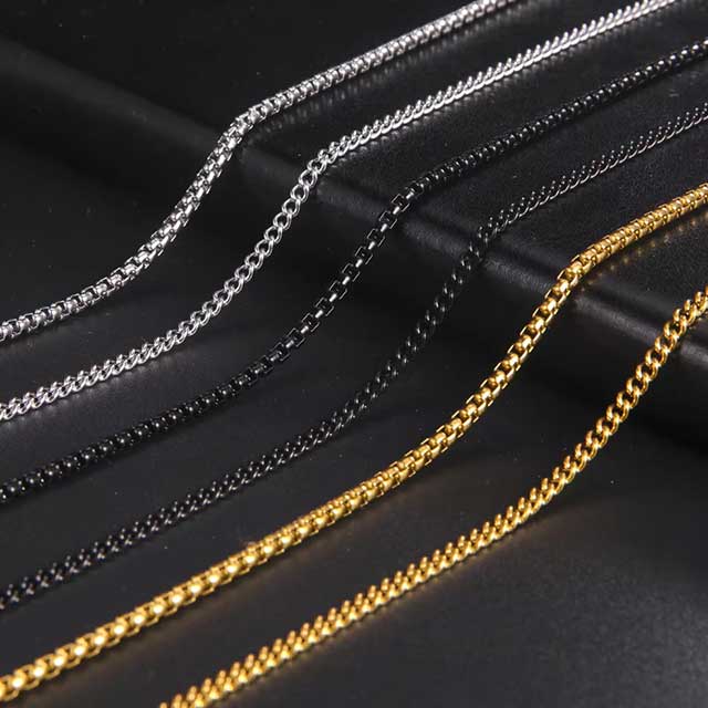 Skyrim Men’s 60cm Box Chain Necklace – Stainless Steel Punk Link Chain in Black & Gold Colors