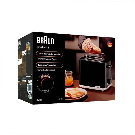 Braun Breakfast1 HT1010 Double Slot Toaster – 900W, 8 Roasting Levels &amp; Defrost Function in Durable Black Plastic
