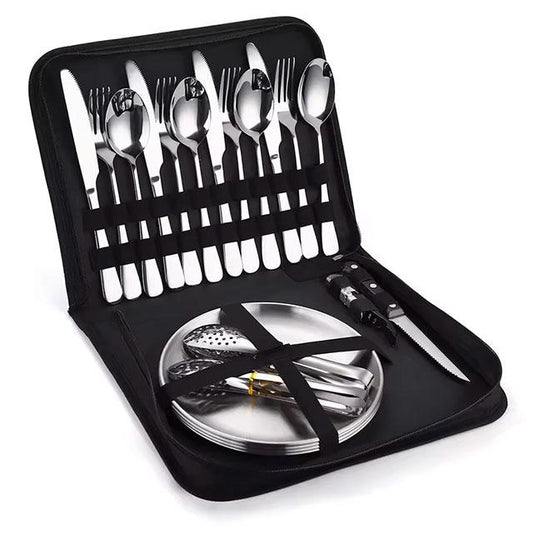 Camping Silverware Kit – 10/20PCS Stainless Steel Utensil Set with Plate, Spoon, Knife, Fork & Tongs for Picnic & Hiking