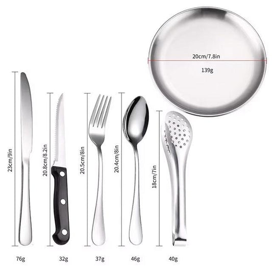 Camping Silverware Kit – 10/20PCS Stainless Steel Utensil Set with Plate, Spoon, Knife, Fork & Tongs for Picnic & Hiking